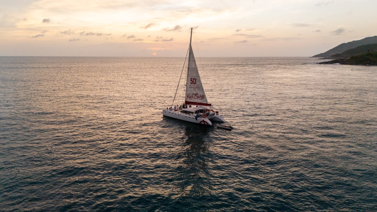 Vela Charter sunset aerial view on the Andaman Sea
